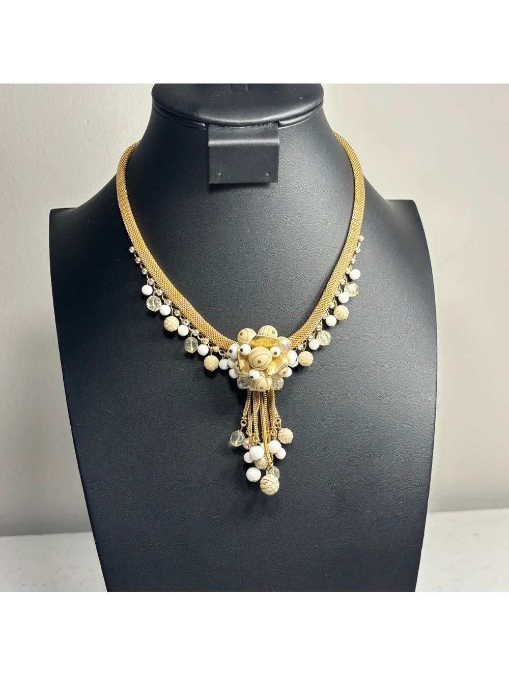 Vintage High End White Cream Clear Beads AB Rhinestone Gold Tone Mesh Necklace